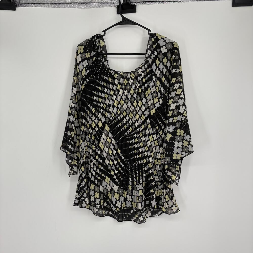 Voir Collection Black & Yellow Stretchy Crinkle Floral‎ Blouse y2k Size XL
